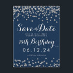 Zilver 18e Verjaardag Save Datum Confetti Navy Blu Aankondigingskaart<br><div class="desc">18e verjaardagsfeest "Save The Date" sjabloon ontwerp met Silver Faux Glitter Confetti Navy Blue en aangepaste naam en datum tekst. Volledig aanpasbaar!</div>