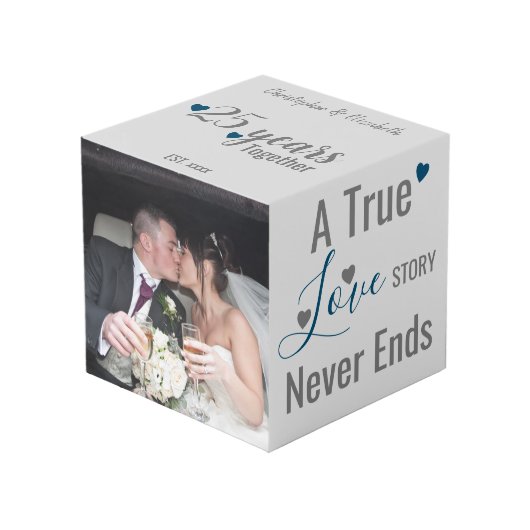 Zilver 25 jaar jubileum blauwe foto kubus (Voorkant hoekig)