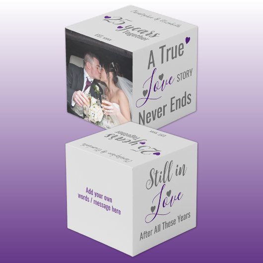 Zilver 25 jaar jubileum paarse foto kubus