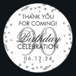 Zilver 90th Birthday Dankjewel Glitter Ronde Sticker<br><div class="desc">Elegant 90e verjaardag "Dank u" Silver Faux Glitter Confetti pour tag sjabloon.</div>