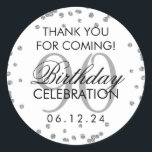 Zilver 90th Birthday Dankjewel Glitter Ronde Sticker<br><div class="desc">Elegant 90e verjaardag "Dank u" Silver Faux Glitter Confetti pour tag sjabloon.</div>