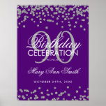 Zilver 90th Birthday Glitter Confetti Paars Poster<br><div class="desc">Elegant 90th Birthday Silver Paars Faux Glitter Confetti banner sjabloon.</div>