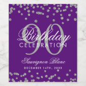 Zilver 90th Birthday Glitter Confetti Paars Wijn Etiket (Enkel label)
