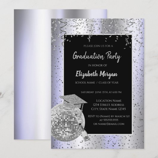 Zilver Afstudeerder Pet, Disco Ball Confetti, Wijn Kaart (Voorkant / Achterkant)