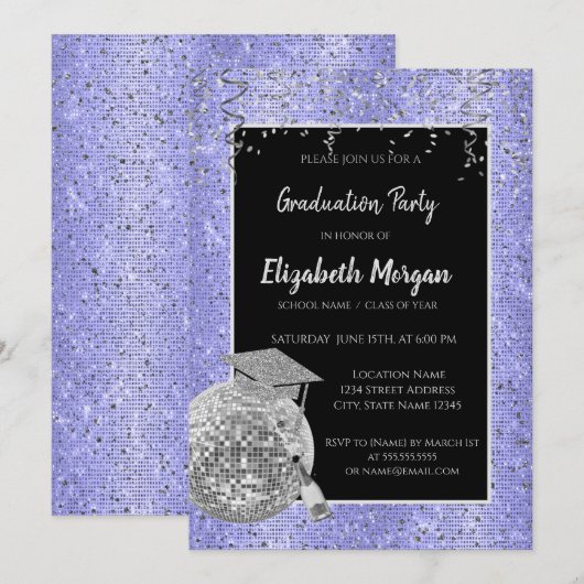 Zilver Afstudeerder Pet, Disco Ball, Wijnviolette Kaart (Voorkant / Achterkant)