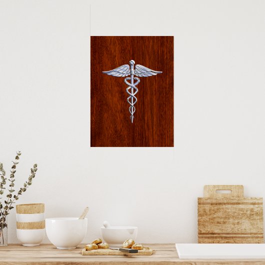 Zilver als Caduceus Medical Symbol Mahogany Print (Keuken)