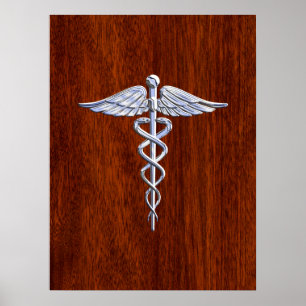 Zilver als Caduceus Medical Symbol Mahogany Print