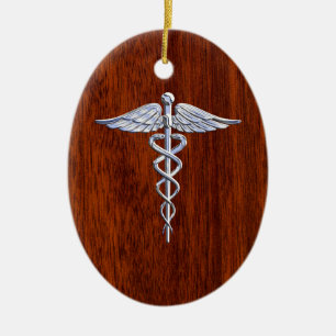 Zilver als Caduceus Medical Symbol Mahogany Print Keramisch Ornament