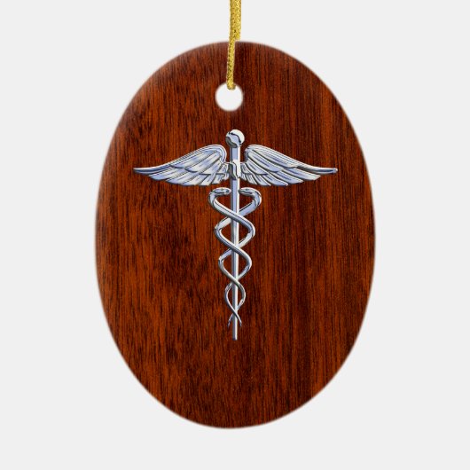 Zilver als Caduceus Medical Symbol Mahogany Print Keramisch Ornament (Voorkant)