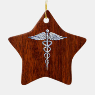 Zilver als Caduceus Medical Symbol Mahogany Print Keramisch Ornament