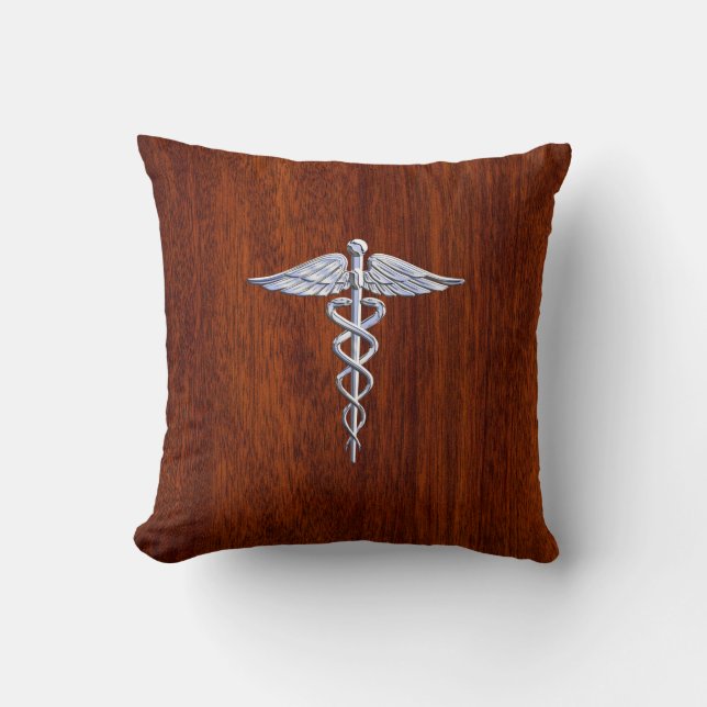 Zilver als Caduceus Medical Symbol Mahogany Print Kussen (Voorkant)