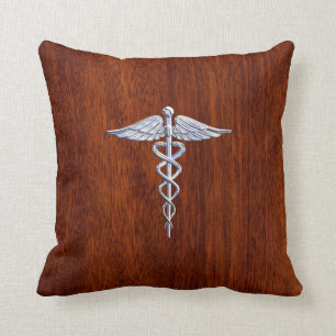 Zilver als Caduceus Medical Symbol Mahogany Print Kussen