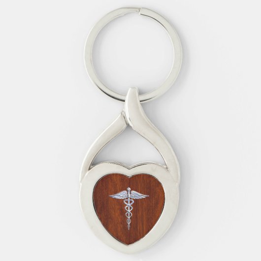 Zilver als Caduceus Medical Symbol Mahogany Print Sleutelhanger (Voorkant)