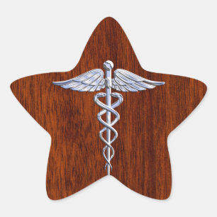 Zilver als Caduceus Medical Symbol Mahogany Print Ster Sticker