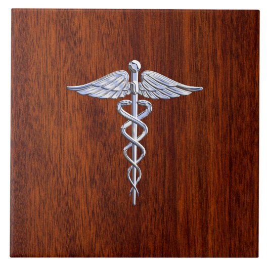Zilver als Caduceus Medical Symbol Mahogany Print Tegeltje (Voorkant)