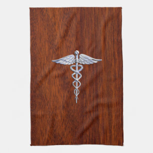 Zilver als Caduceus Medical Symbol Mahogany Print Theedoek