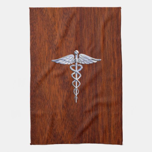 Zilver als Caduceus Medical Symbol Mahogany Print Theedoek (Verticaal)
