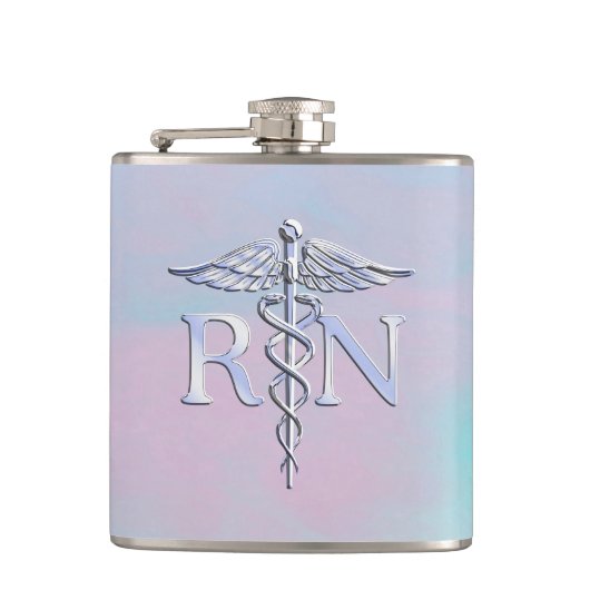 Zilver als RN Caduceus Medical Moeder Pearl Heupfles (Voorkant)