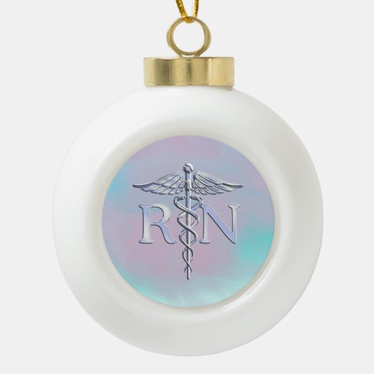 Zilver als RN Caduceus Medical Moeder Pearl Keramische Bal Ornament (Voorkant)