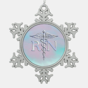 Zilver als RN Caduceus Medical Moeder Pearl Tin Sneeuwvlok Ornament
