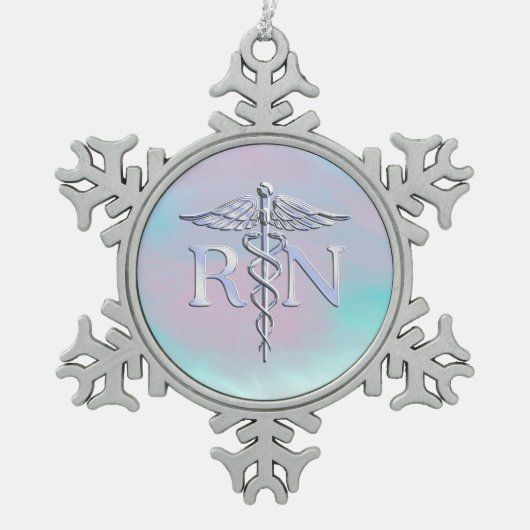 Zilver als RN Caduceus Medical Moeder Pearl Tin Sneeuwvlok Ornament (Voorkant)
