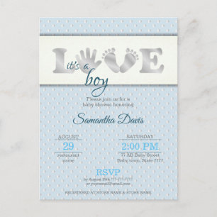 Zilver Baby Boy LOVE and Hearts Baby shower Uitnodiging Briefkaart