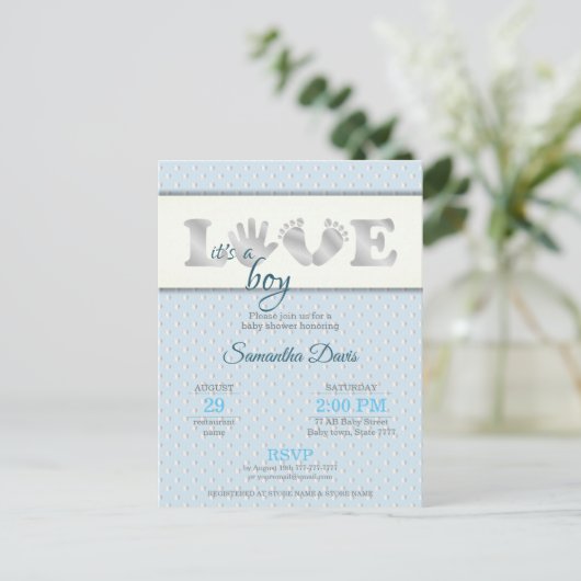 Zilver Baby Boy LOVE and Hearts Baby shower Uitnodiging Briefkaart (Staand voorkant)