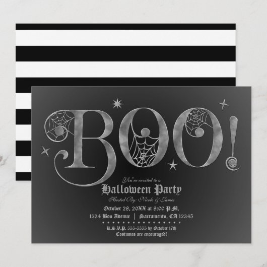 Zilver & Black BOO Elegante Halloweenfeest Kaart (Voorkant / Achterkant)
