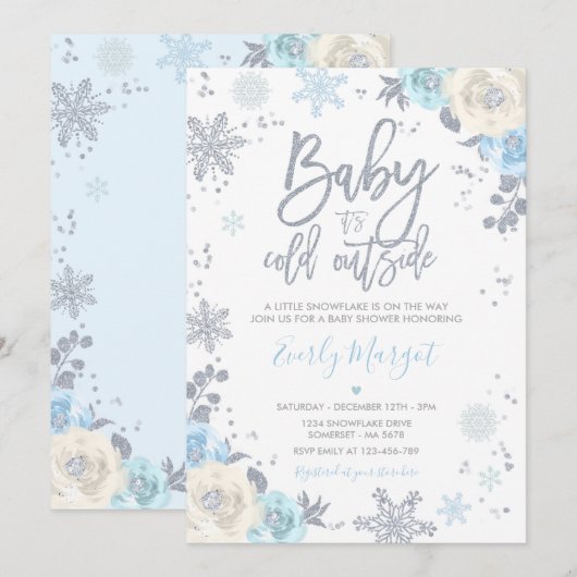 Zilver & Blauw Bloemen Winter Baby shower Sneeuwvl Kaart (Voorkant / Achterkant)
