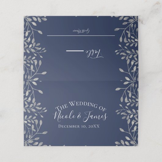 Zilver & Blauw Botanische Moderne Trouwtafel Zitpl Plaatskaartje (Buitenkant ongevouwen)