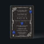 Zilver Blauw Casino Las Vegas Poker Huwelijk Kaart<br><div class="desc">Uniek Casino Royale, art deco thema kaartontwerp. Het heeft een vintage art deco stijl, een Roaring Twenties oude Hollywood gebroken frame met namaak zilverfolie Fleur-de-lis, blauwe harten, Q en K op twee hoeken (die speelkaarten simuleren), op een Art Deco patroon achtergrond. Speciale teksten worden gebruikt zoals in een pokerspel. Aan...</div>