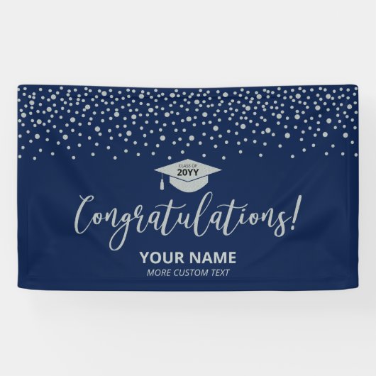 Zilver & Blauw | Confetti Felicitaties Afstuderen Spandoek (Horizontaal)