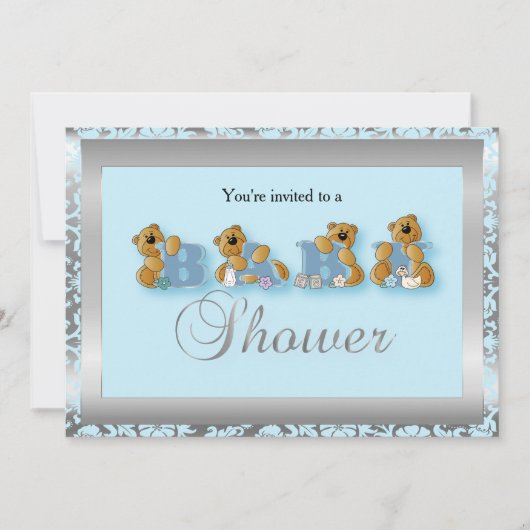 Zilver & Blauw Damast Teddy Bears | Baby Shower Kaart (Voorkant)