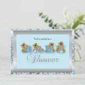Zilver & Blauw Damast Teddy Bears | Baby Shower Kaart (Staand voorkant)