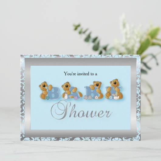 Zilver & Blauw Damast Teddy Bears | Baby Shower Kaart (Staand voorkant)