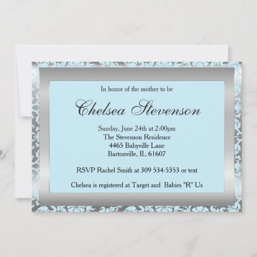 Zilver & Blauw Damast Teddy Bears | Baby Shower Kaart (Achterkant)