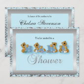 Zilver & Blauw Damast Teddy Bears | Baby Shower Kaart (Voorkant / Achterkant)