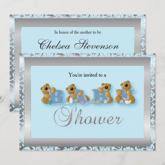 Zilver & Blauw Damast Teddy Bears | Baby Shower Kaart (Voorkant / Achterkant)