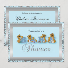 Zilver & Blauw Damast Teddy Bears | Baby Shower Kaart