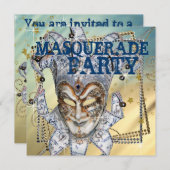 Zilver Blauw en Goud Masquerade Party Kaart (Voorkant / Achterkant)