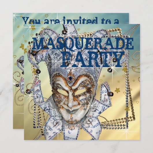 Zilver Blauw en Goud Masquerade Party Kaart (Voorkant / Achterkant)