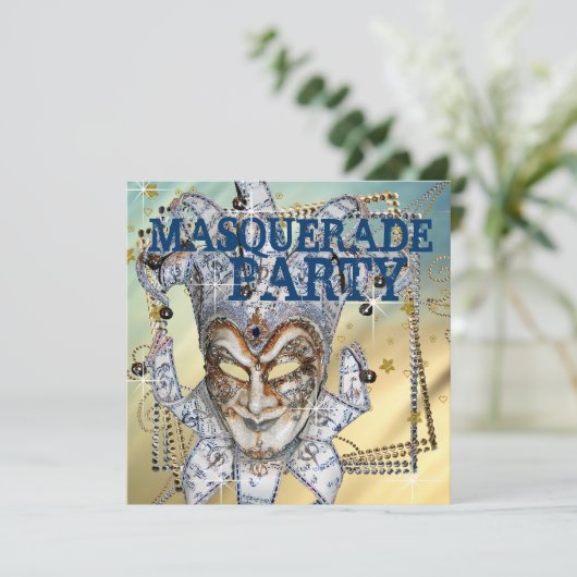 Zilver Blauw en Goud Masquerade Party Kaart (Staand voorkant)
