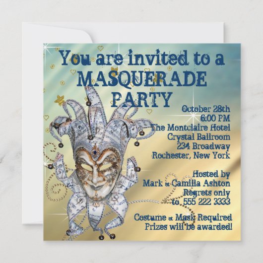 Zilver Blauw en Goud Masquerade Party Kaart (Achterkant)