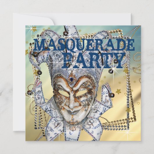 Zilver Blauw en Goud Masquerade Party Kaart (Voorkant)