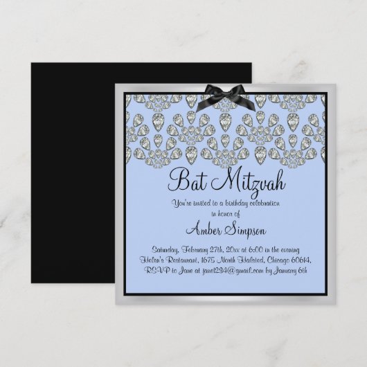 Zilver/Blauw Forever Diamonds Bat Mitswa Uitnodige Kaart (Voorkant / Achterkant)