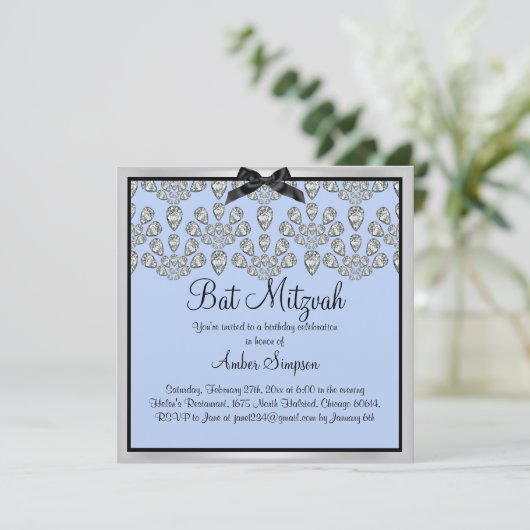 Zilver/Blauw Forever Diamonds Bat Mitswa Uitnodige Kaart (Staand voorkant)