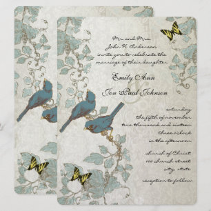 Zilver Blauw Gele Vlinders & Vogels Bruiloft Kaart