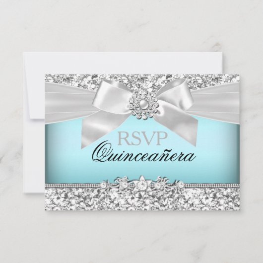 Zilver Blauw Glitter & Jewel Bow Quinceanera RSVP (Voorkant)