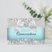 Zilver Blauw Glitter & Jewel Bow Quinceanera RSVP (Staand voorkant)