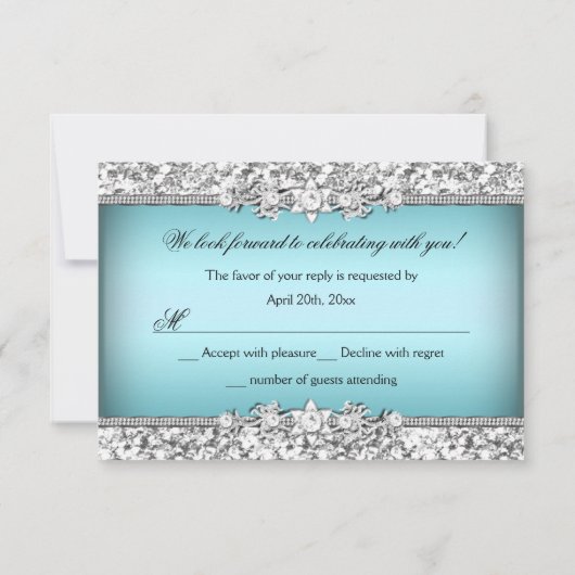 Zilver Blauw Glitter & Jewel Bow Quinceanera RSVP (Achterkant)